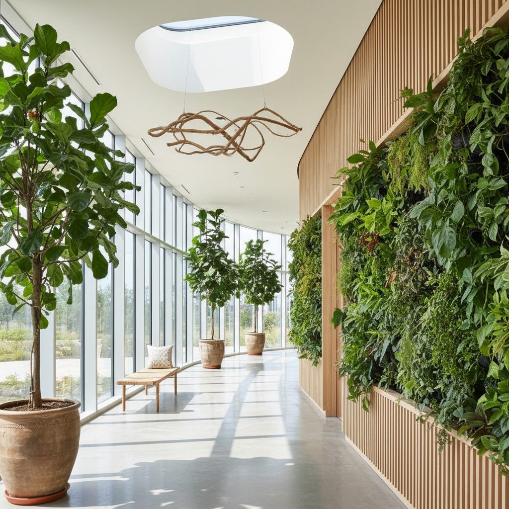 A beautifully designed biophilic hallway featuring plants and natural light.