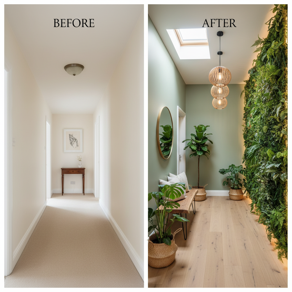 Before and after shots of a hallway transformed with biophilic elements.