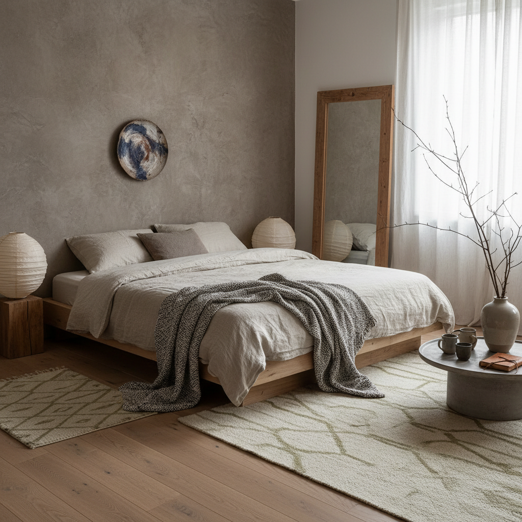 Example of wabi-sabi inspired bedroom layout