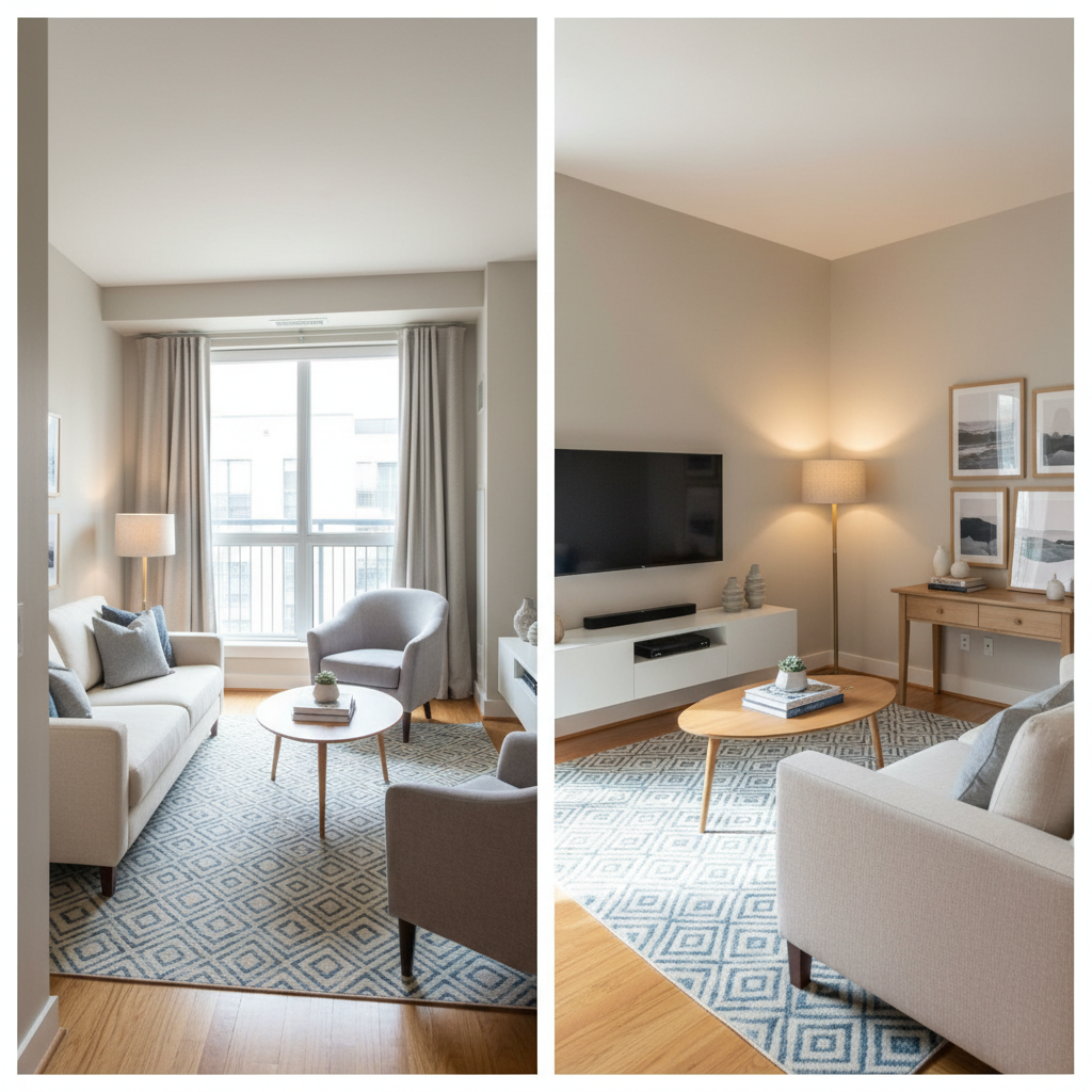 Image showing two different angles of the same small living room.