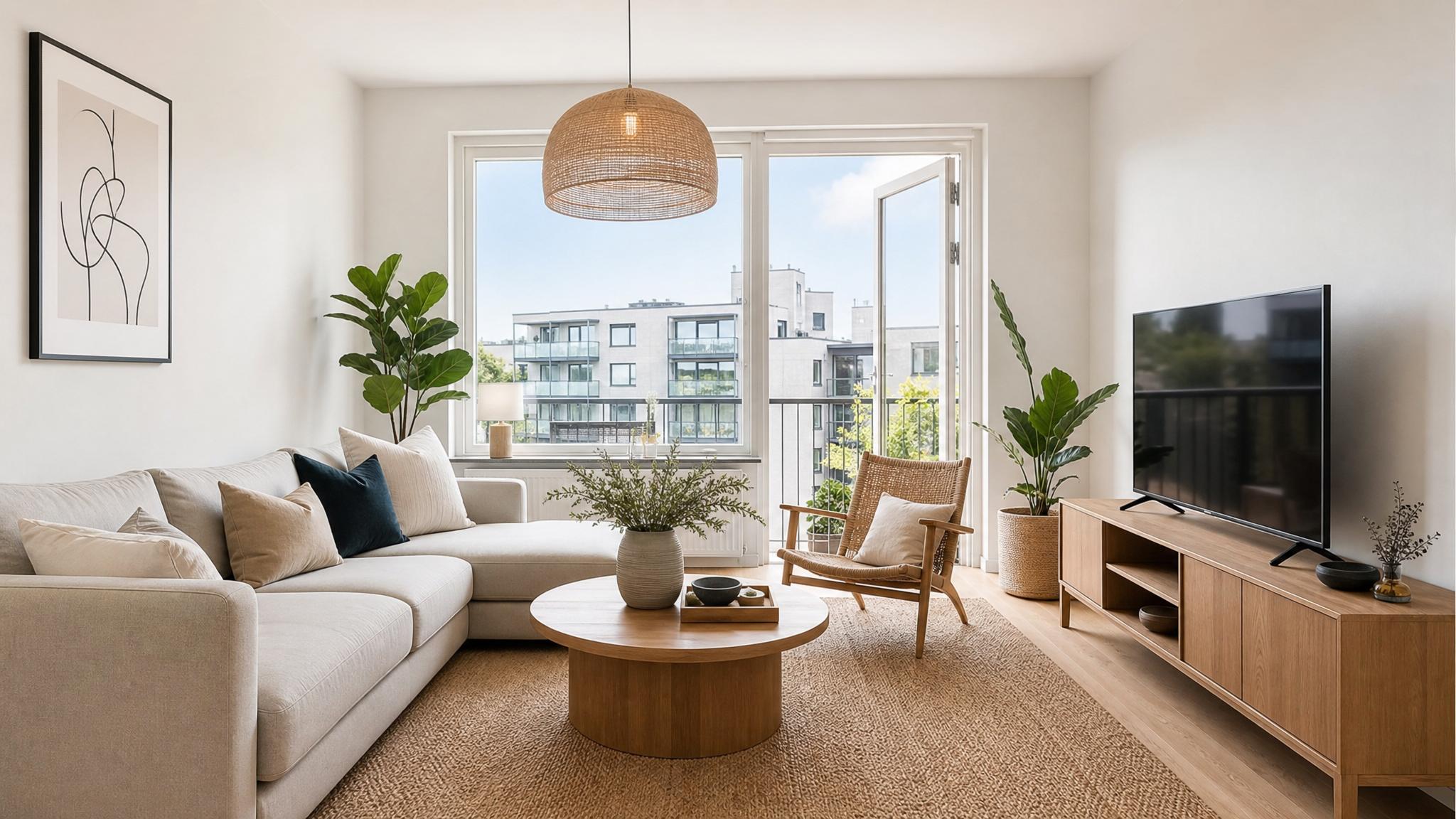 After transformation: bright and open Scandinavian living room with functional furniture.