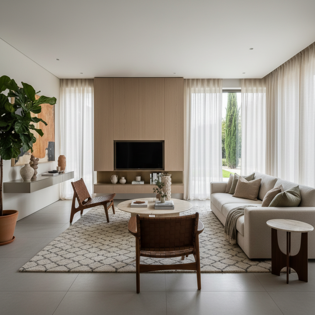 An image of a stylish Italian modern interior featuring sleek furniture and natural tones.