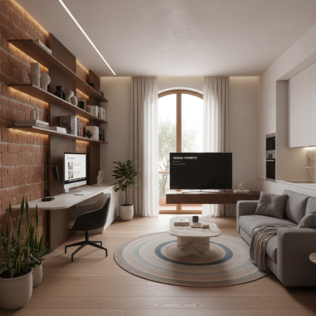 An AI-generated interior design of a modern Italian studio showcasing design prompts.