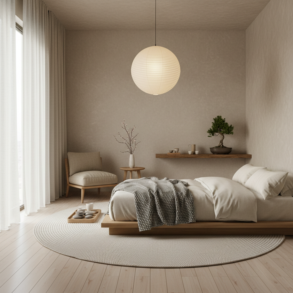 A serene zen studio featuring natural materials, soft colors, and minimalist decor
