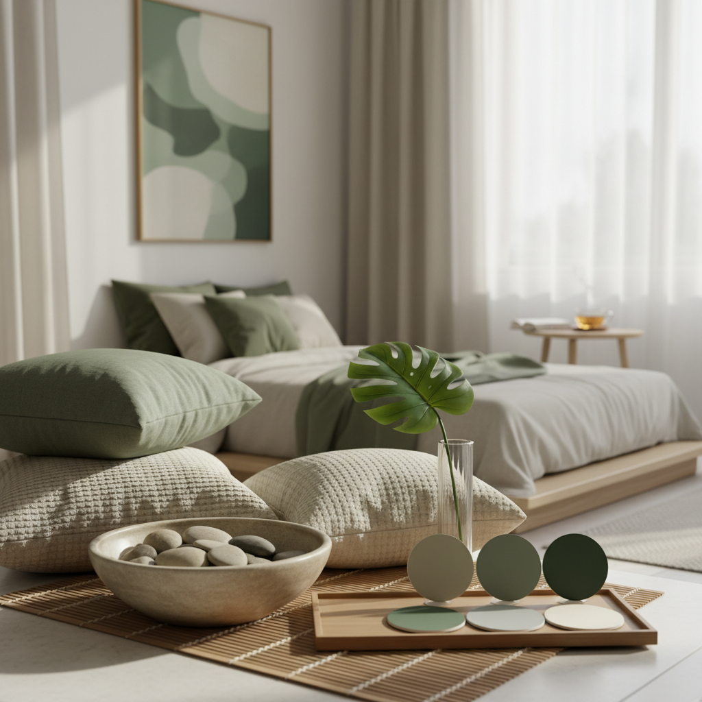 An AI-generated color palette for a zen studio with soft greens and calming neutrals