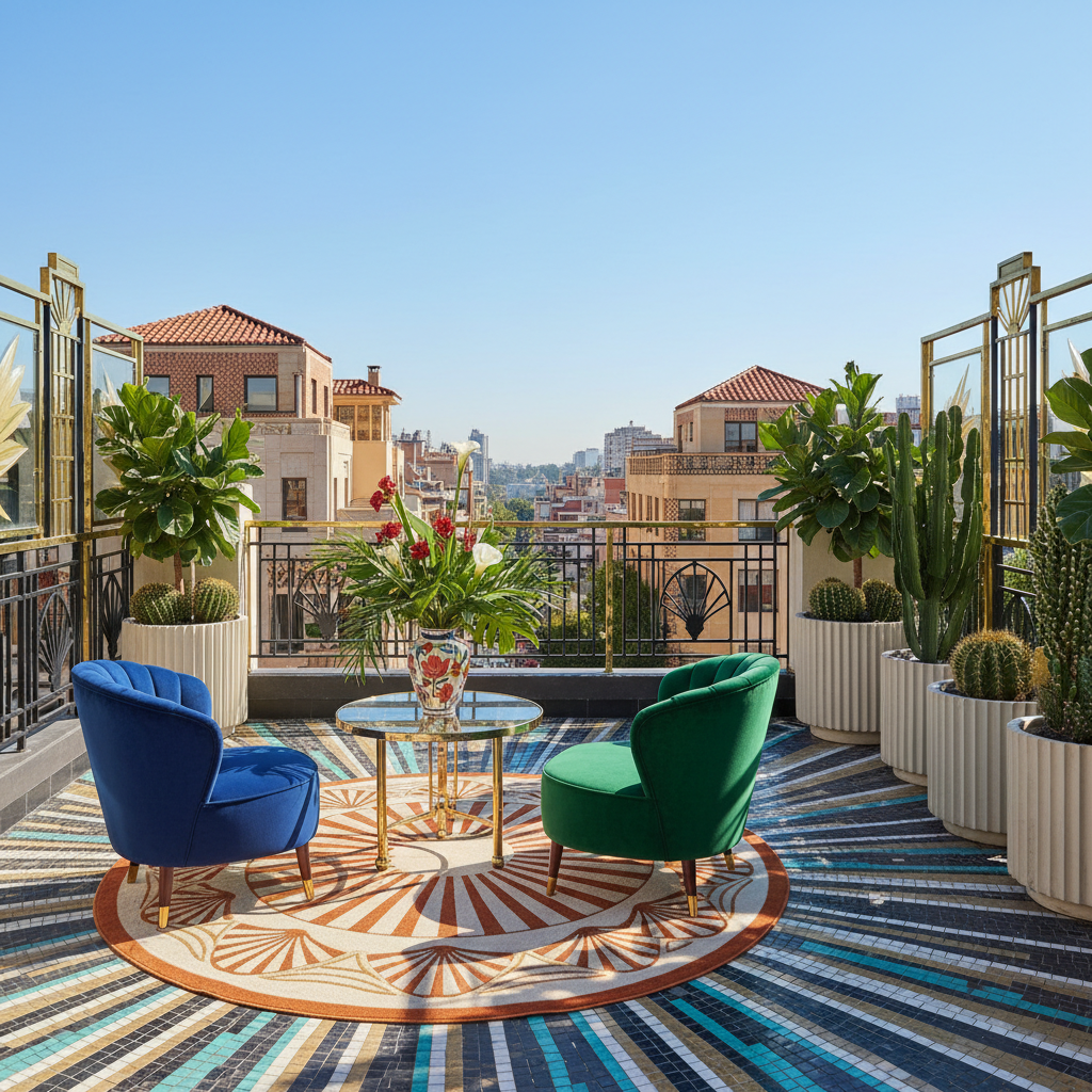 Art Deco terrace with geometric patterns and vibrant colors