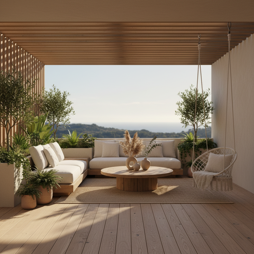 A serene terrace featuring warm minimalism design, with natural wood, simple furniture, and greenery.