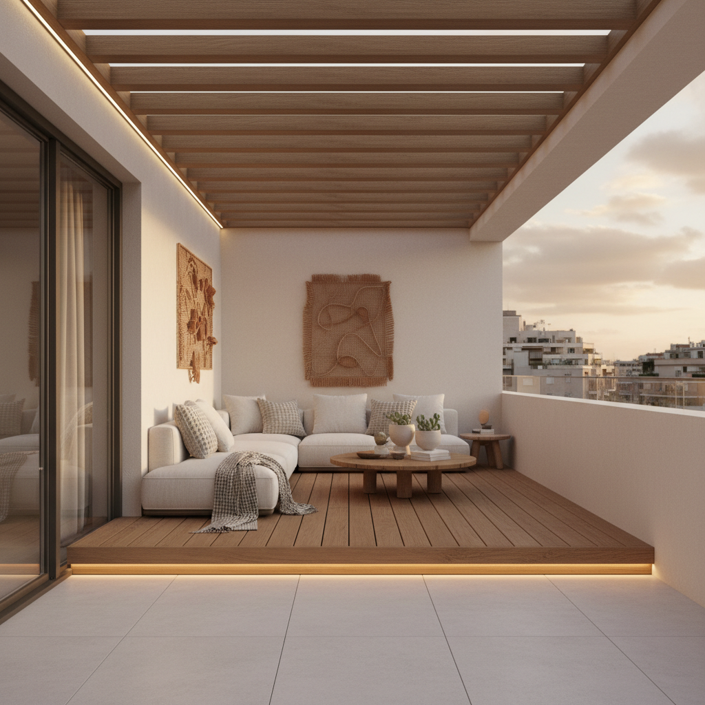 A digital rendering of a warm minimalism terrace showcasing suggested designs by AI.