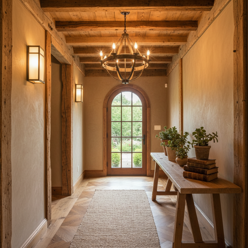 Rustic hallway with wooden accents and warm lighting