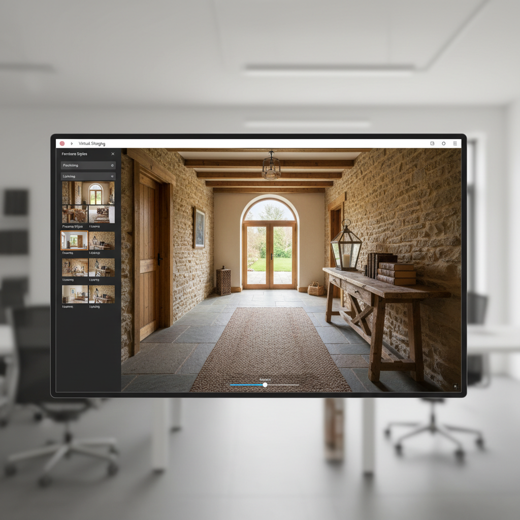 AI virtual staging interface displaying a rustic hallway