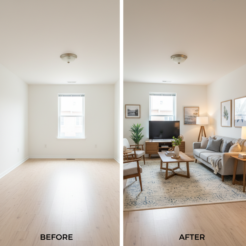 Image illustrating AI virtual staging before and after transformation