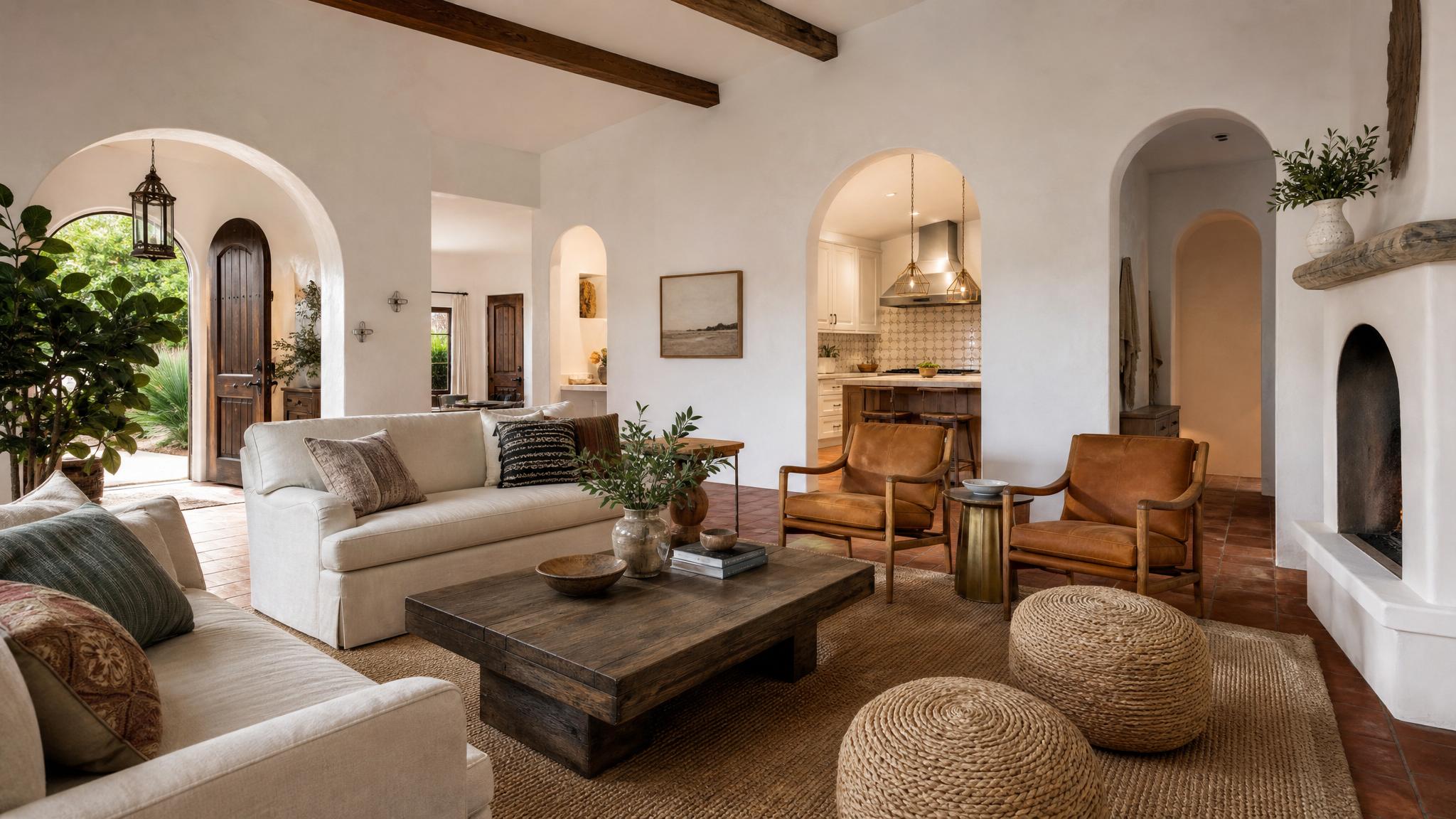 A cozy Mediterranean living room featuring terracotta tiles and arched doorways.