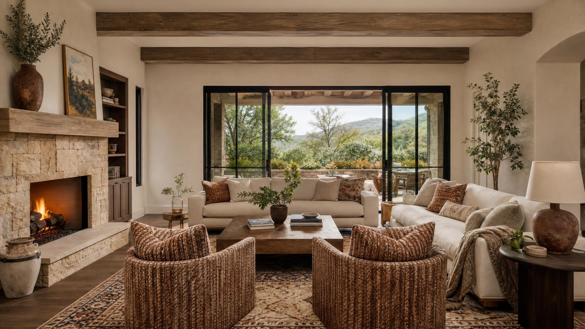 A living room adorned with warm earth tones and patterned textiles.