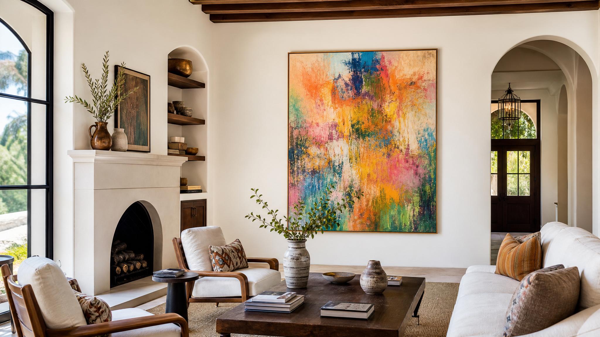 A vibrant artwork piece hanging in a sunlit Mediterranean living room.