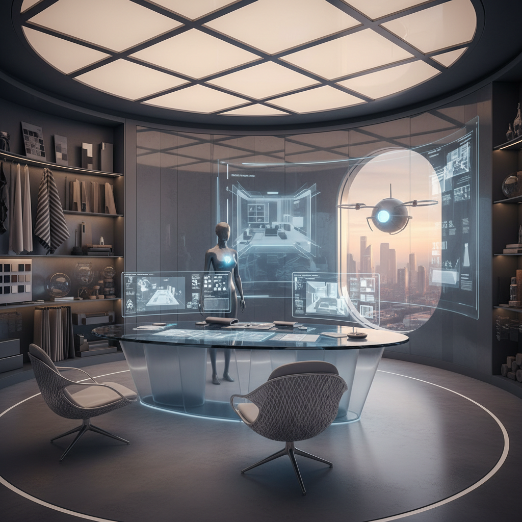 Image showing a futuristic AI-powered interior design workspace.