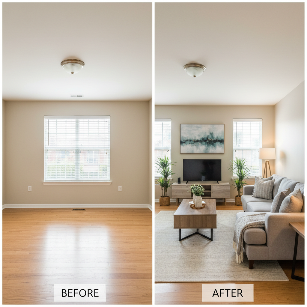 Image depicting a before-and-after AI virtual staging example.