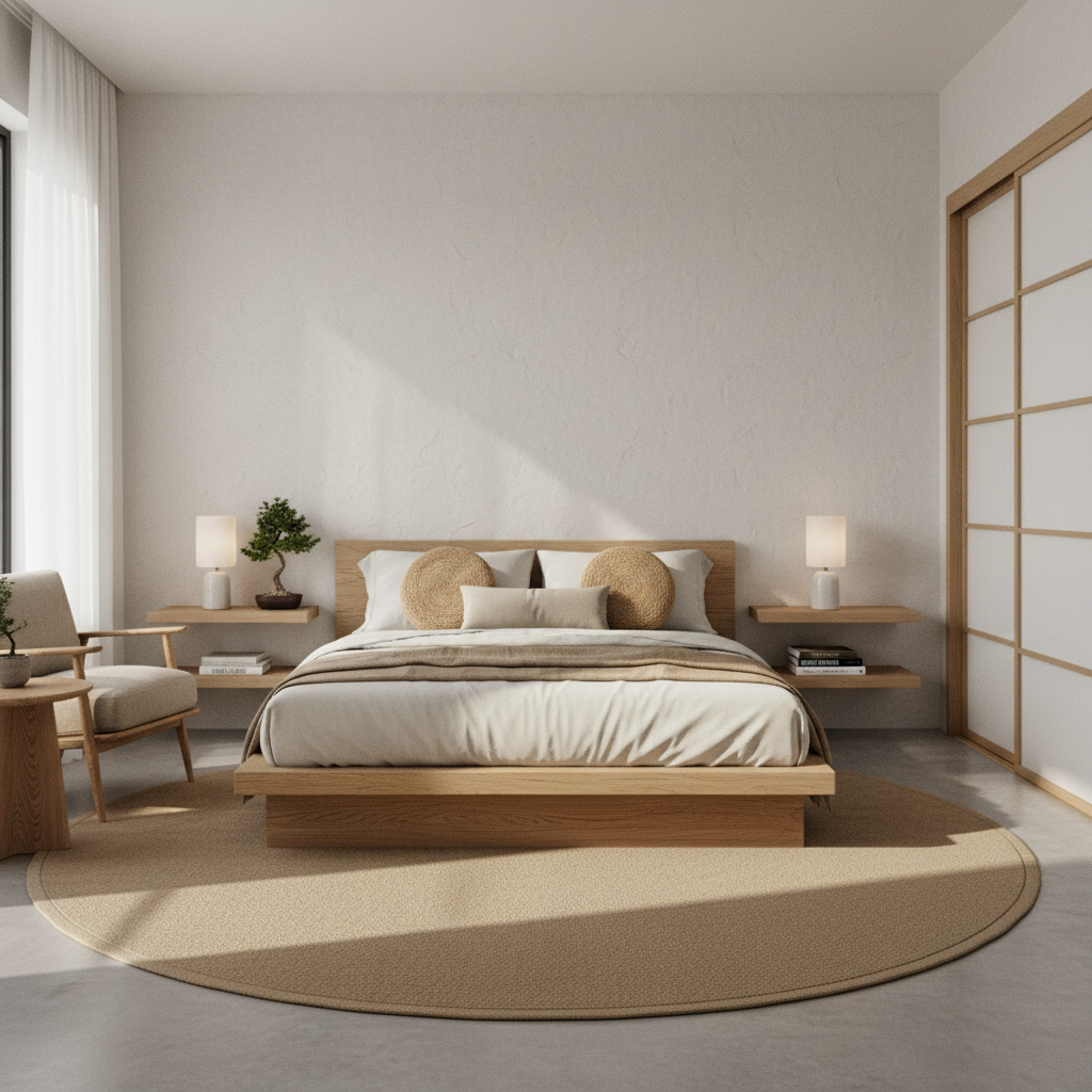Image of a Japandi-inspired guest bedroom with natural wood tones and minimalist decor.