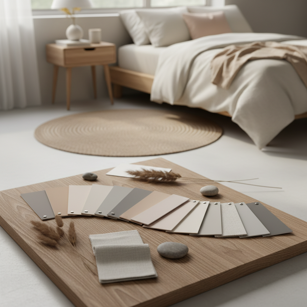 Image of a color palette showcasing neutral tones for a Japandi bedroom.