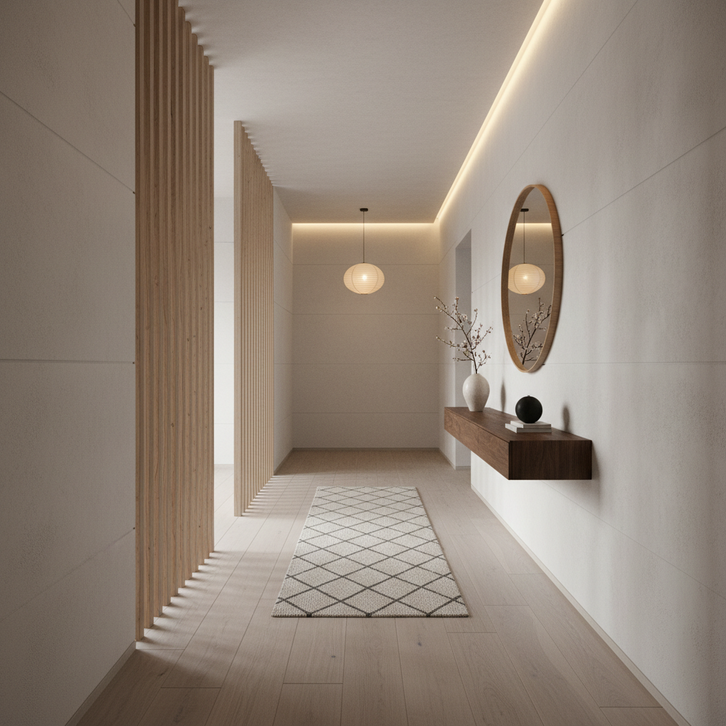 Image of a Japandi hallway featuring a mix of natural wood, neutral colors, and minimalist decor.