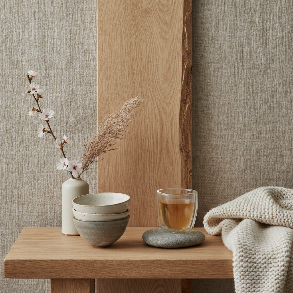 Close-up image of neutral color palettes and natural materials used in Japandi design.