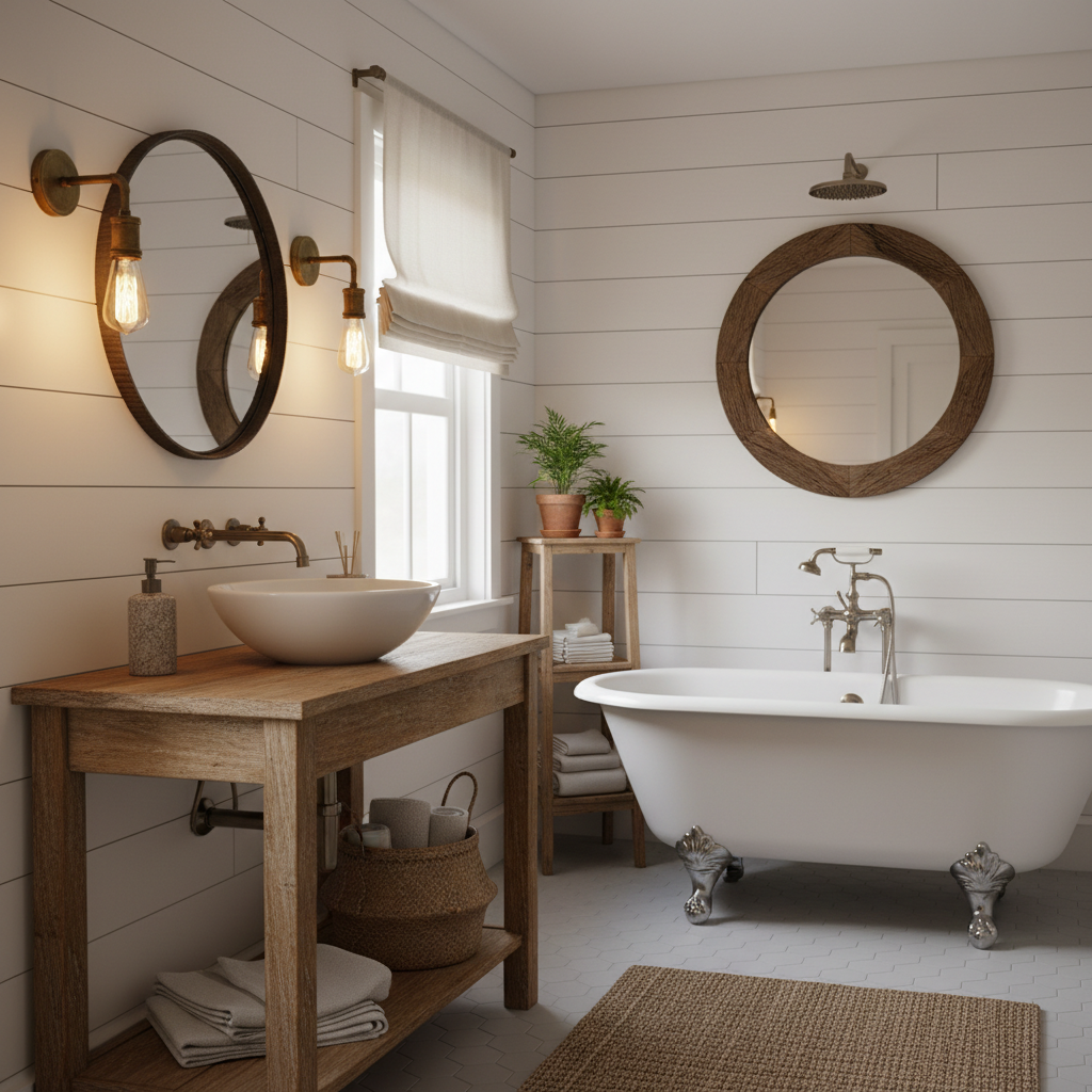 A cozy farmhouse bathroom featuring shiplap walls, vintage lighting fixtures, and a rustic wooden vanity.