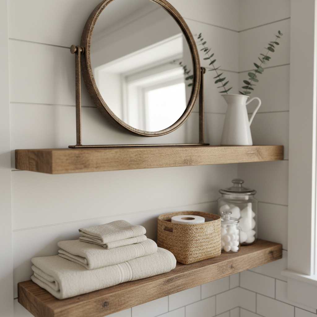 Close-up of farmhouse bathroom elements like wooden shelves, vintage mirrors, and neutral-toned decor.