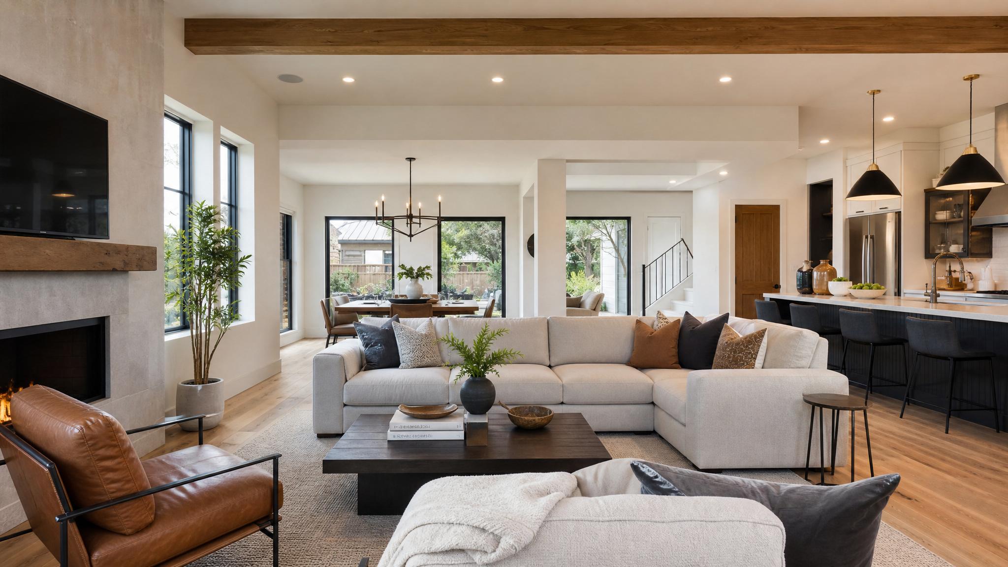 Open-plan living room with natural light and modern furniture