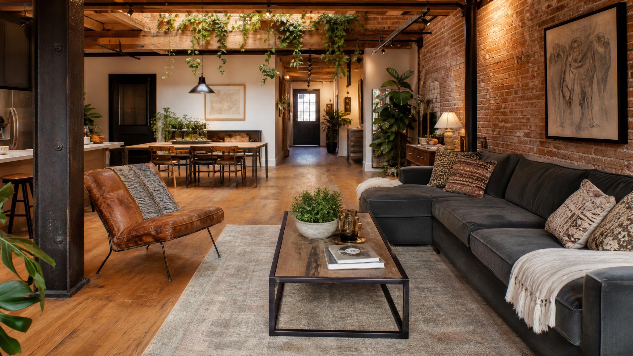 Cozy industrial open-plan living room with vintage decor
