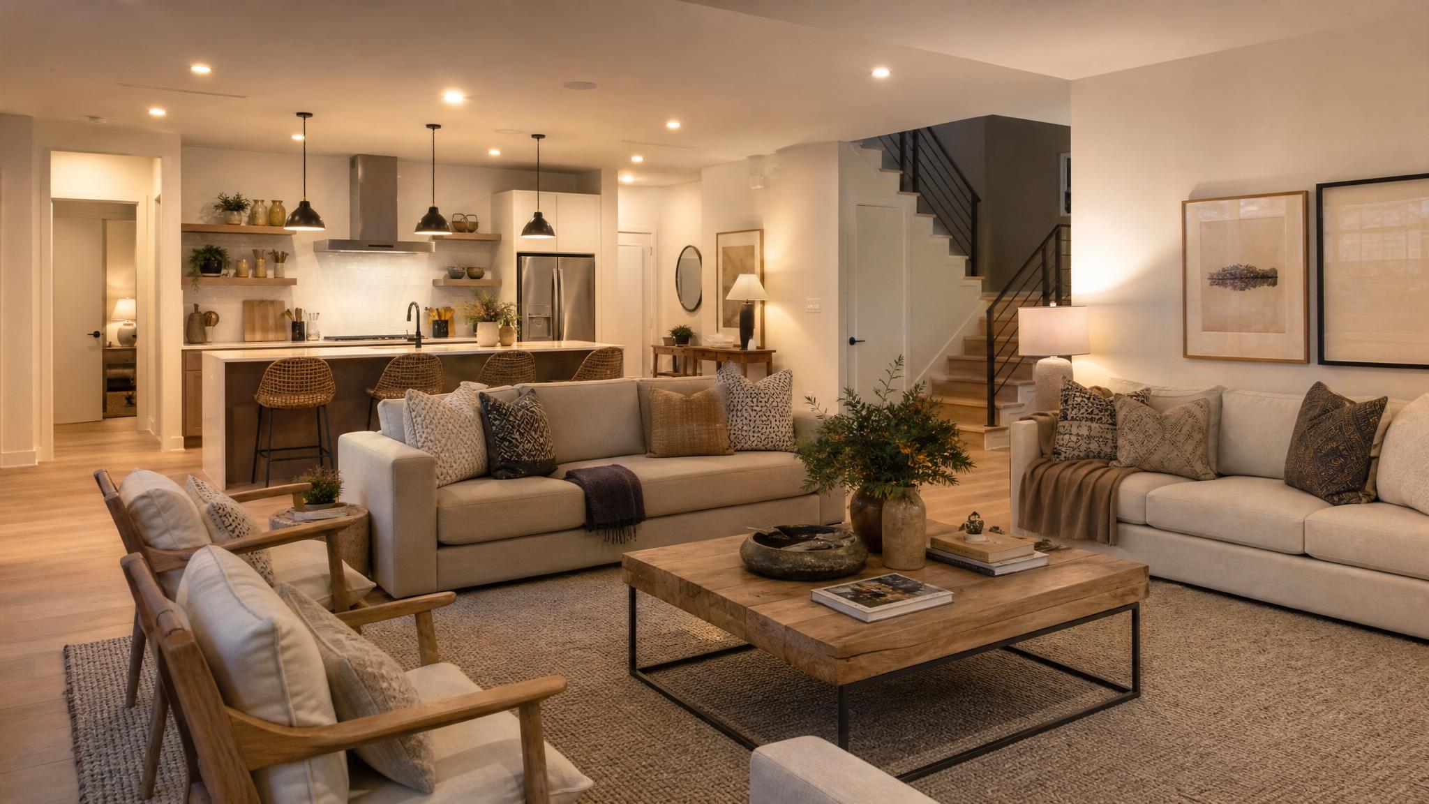Open-plan living room with clever lighting and cozy atmosphere