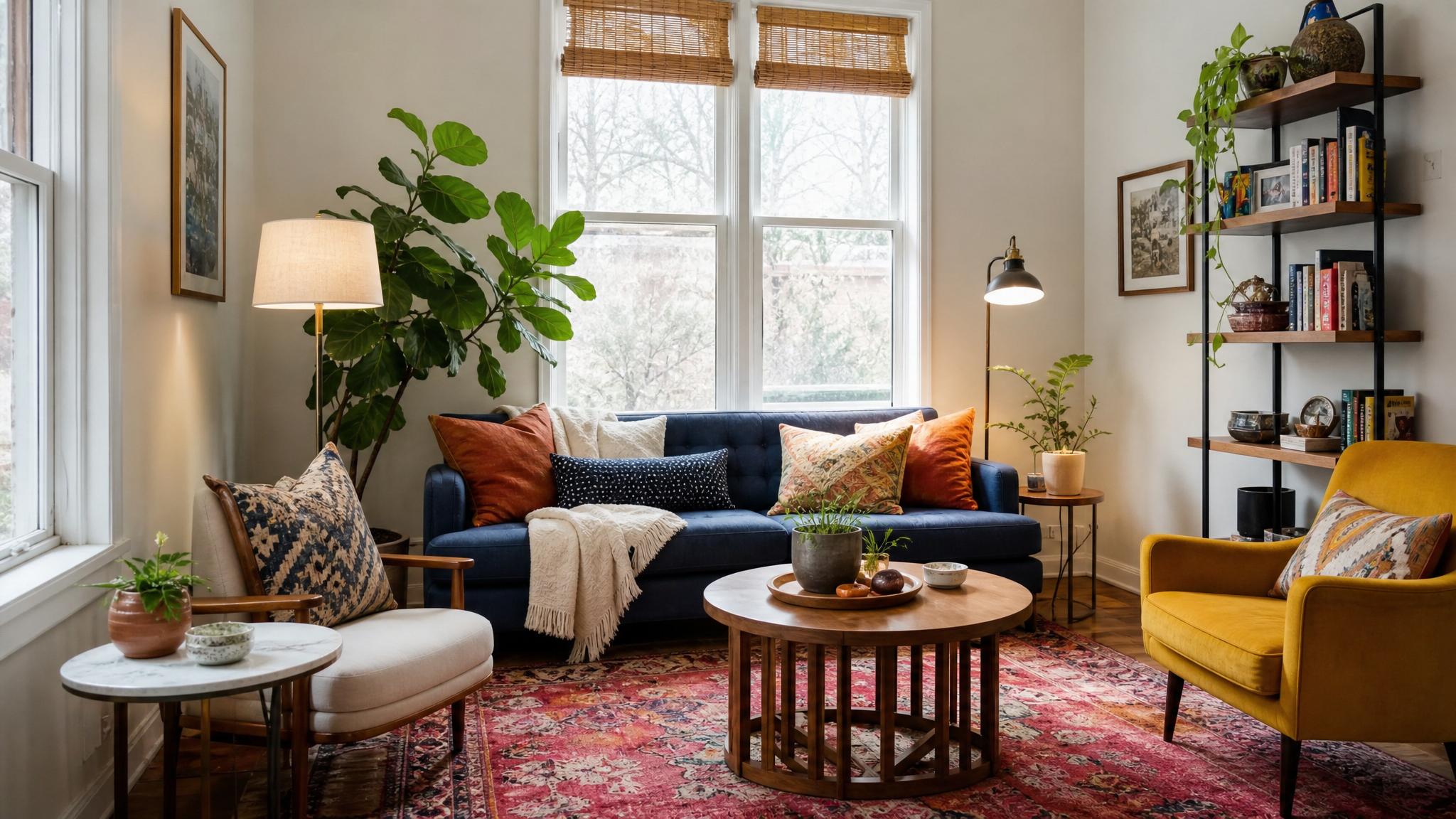 Eclectic small living room with vibrant colors and mixed patterns