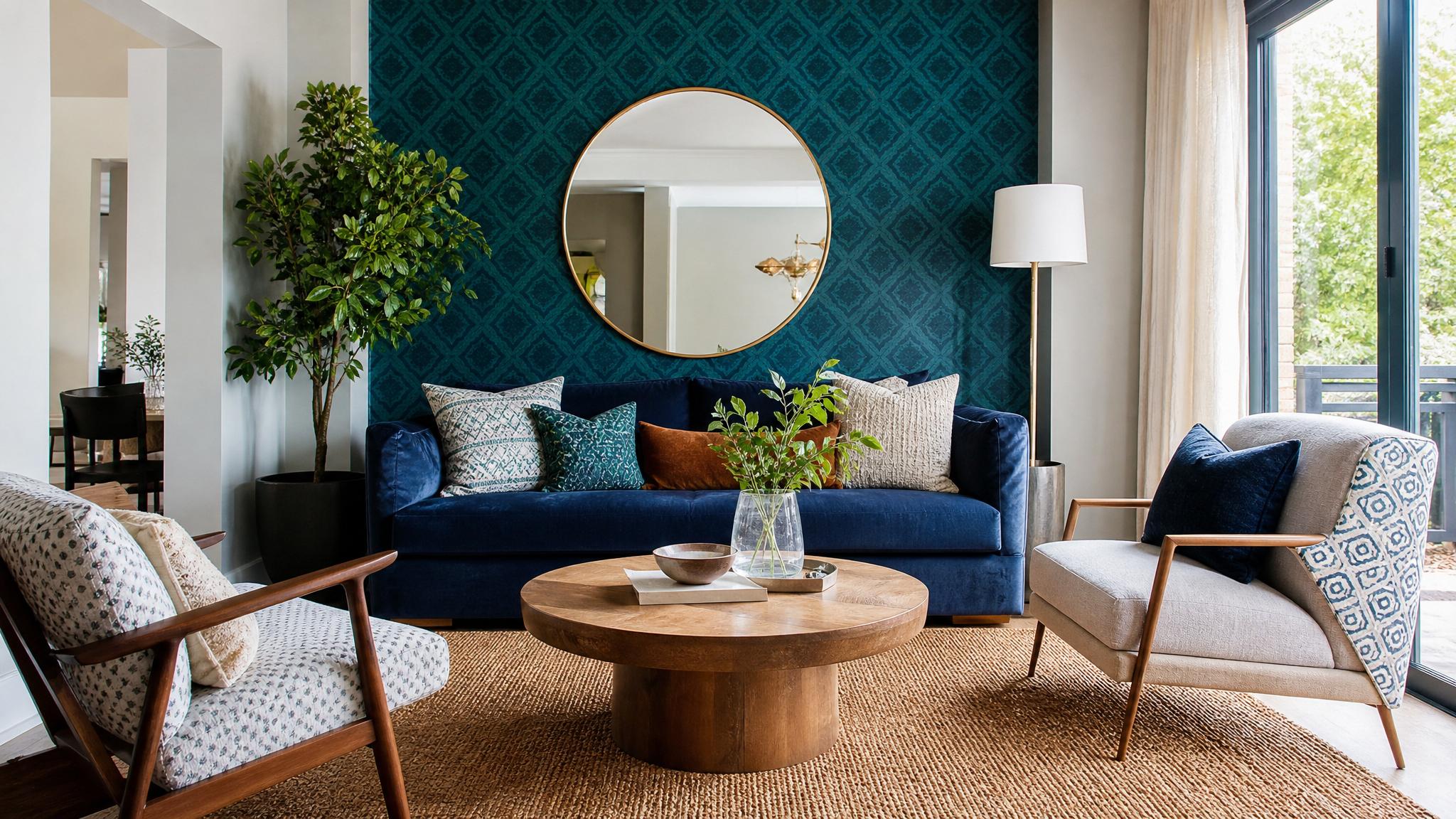 Small living room featuring bold patterns and textures