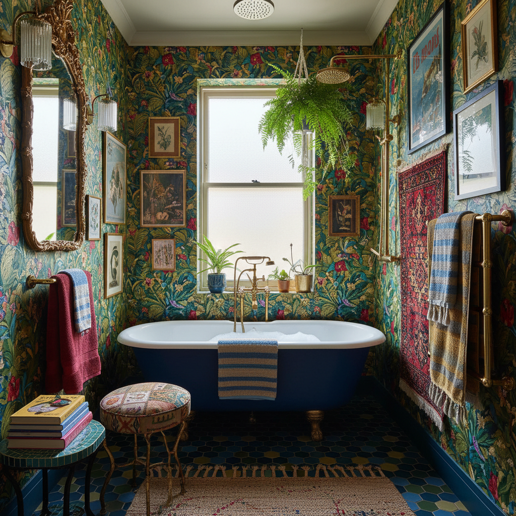 A vibrant maximalist small bathroom showcasing rich colors and layered textures