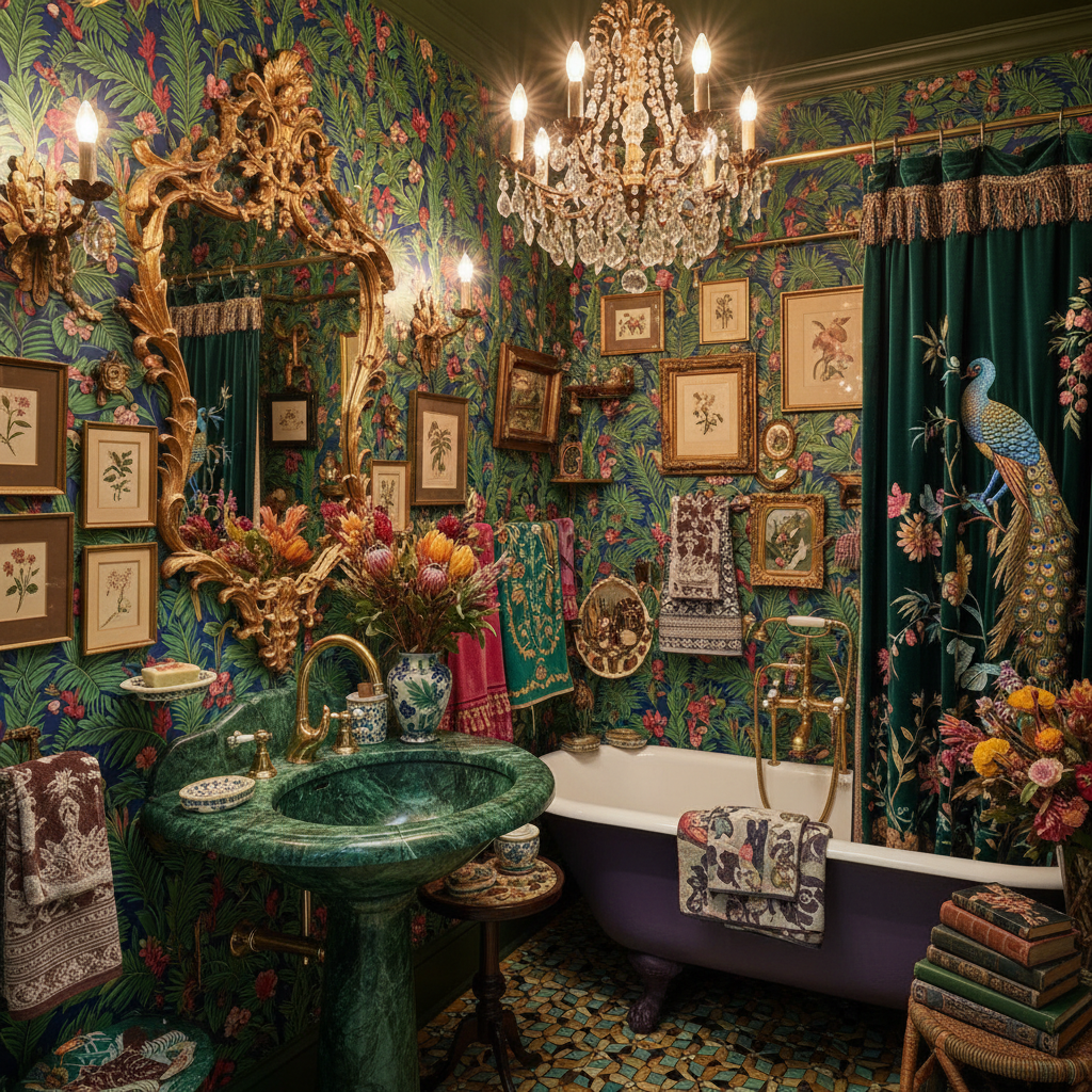 Decorative elements and statement fixtures in a maximalist small bathroom