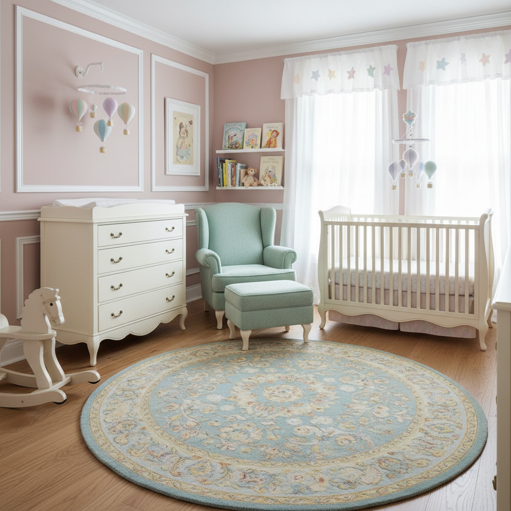 Image of a traditional nursery with pastel colors and classic furniture.