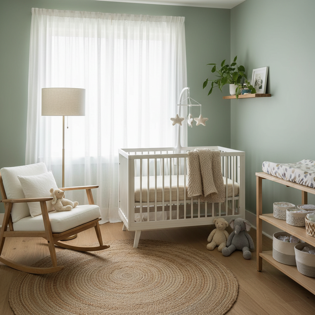 Image of a nursery with a rocking chair, crib, and soft textiles.