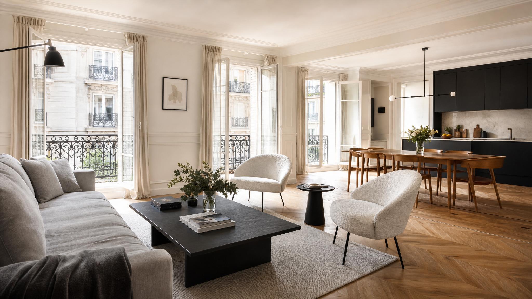 A beautifully staged Parisian open-plan living room featuring elegant furniture and soft natural lighting.