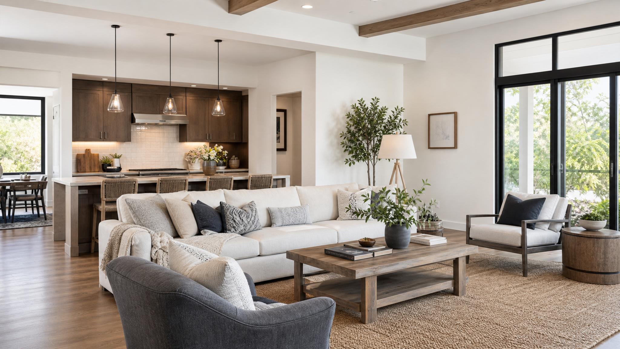 An open-plan living room layout showing flexible seating arrangements with decorative accents.