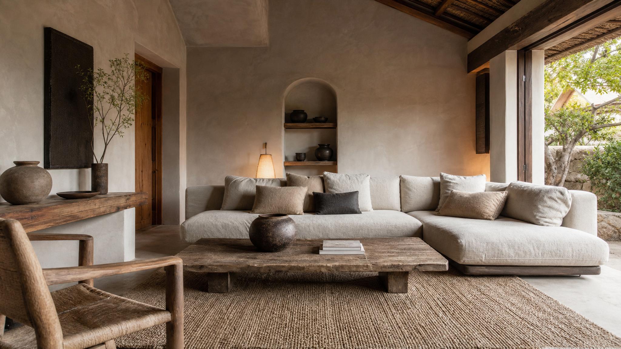 Cozy Wabi-Sabi living room in a villa
