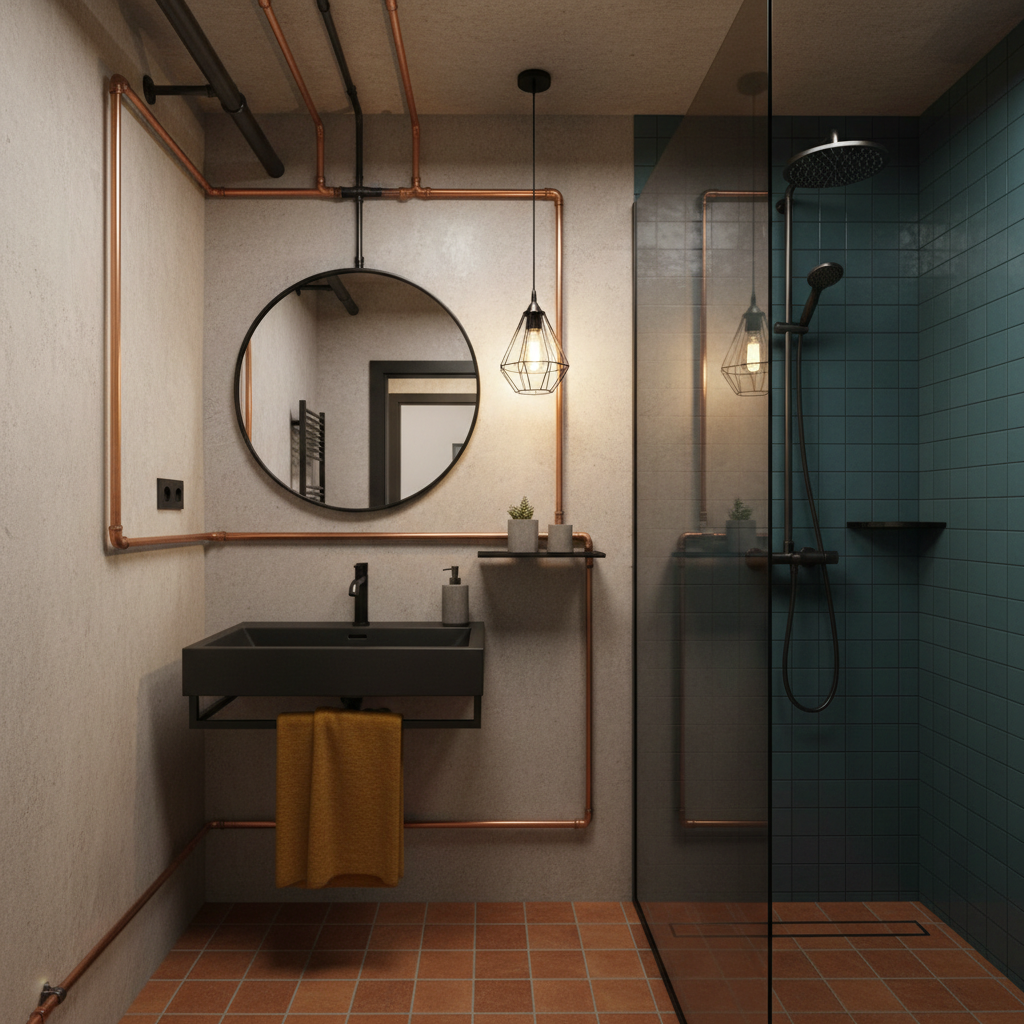 An industrial small bathroom featuring exposed pipes, minimalist fixtures, and a unique color palette.