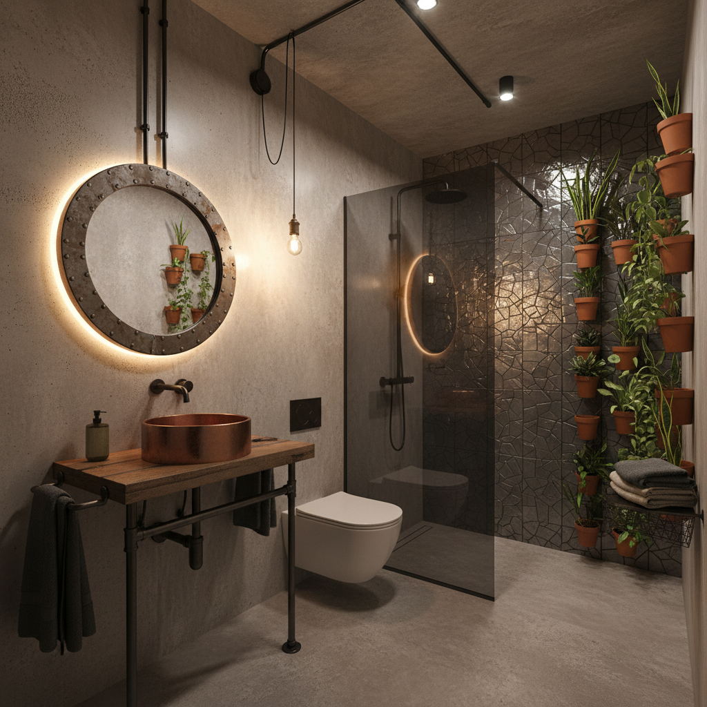 AI-generated design of a small industrial bathroom with unique elements integrated into the layout.