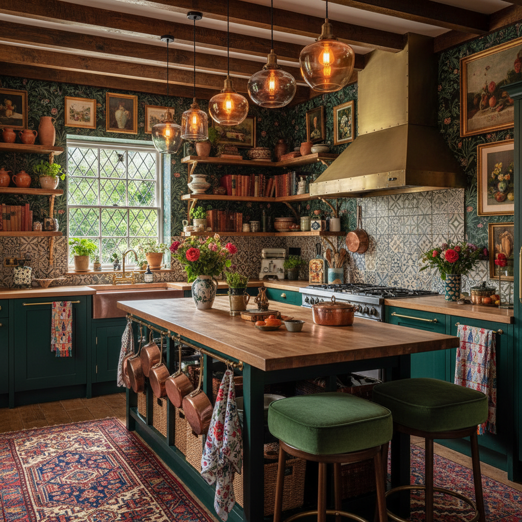 A cozy and functional kitchen with maximalist design integrated seamlessly.
