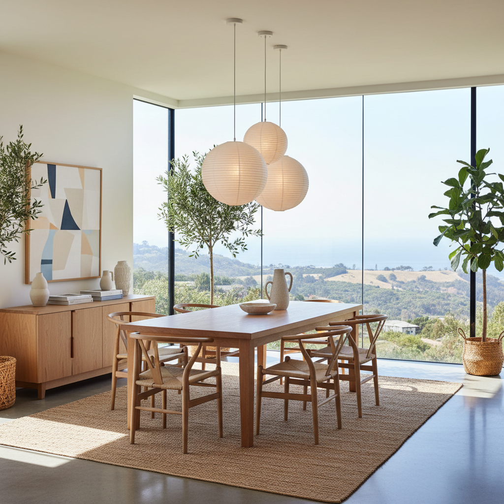 A bright, airy California modern dining room featuring large windows, minimalist decor, and natural wood elements.