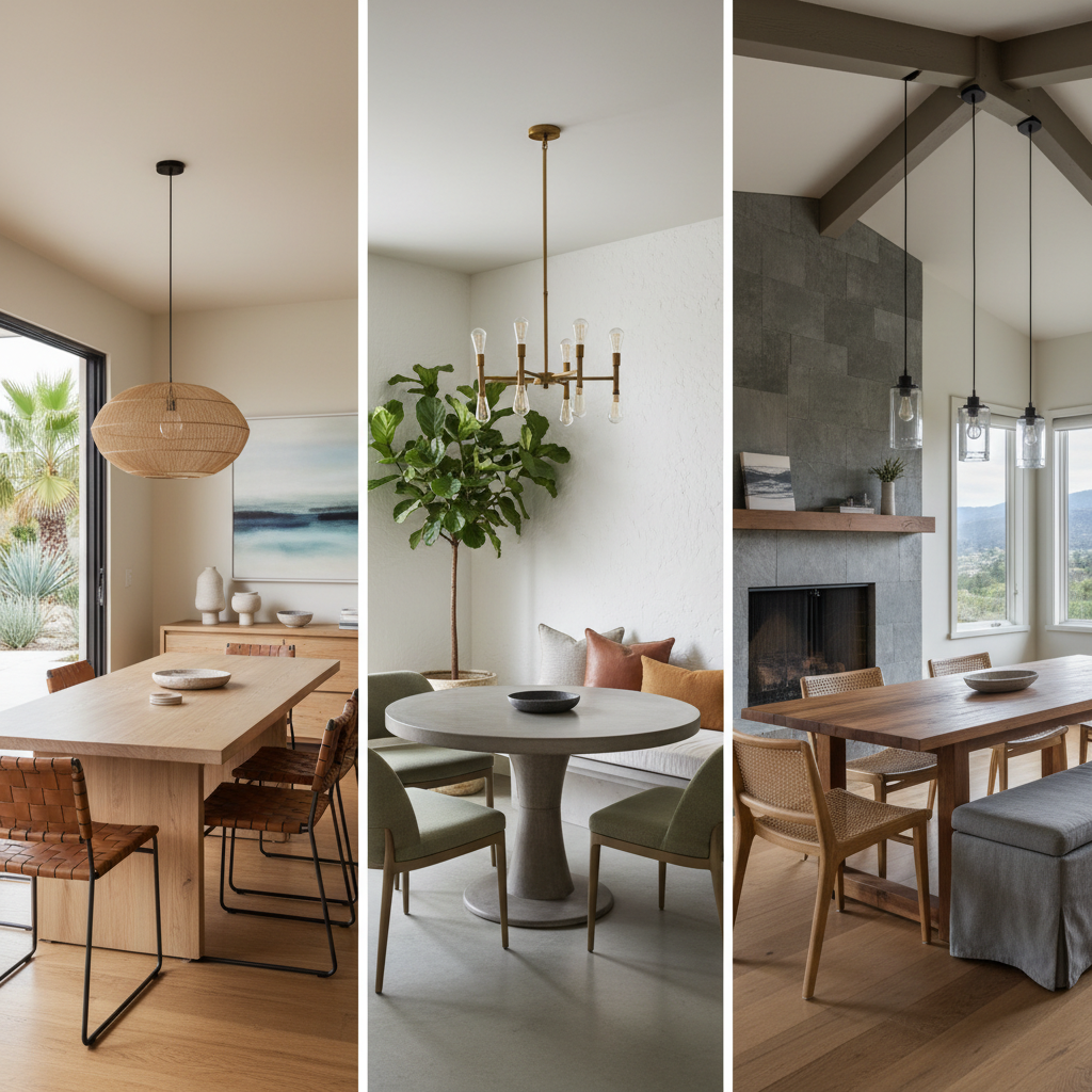 A slideshow of various California modern dining room designs showcasing different layouts and color schemes generated by AI.