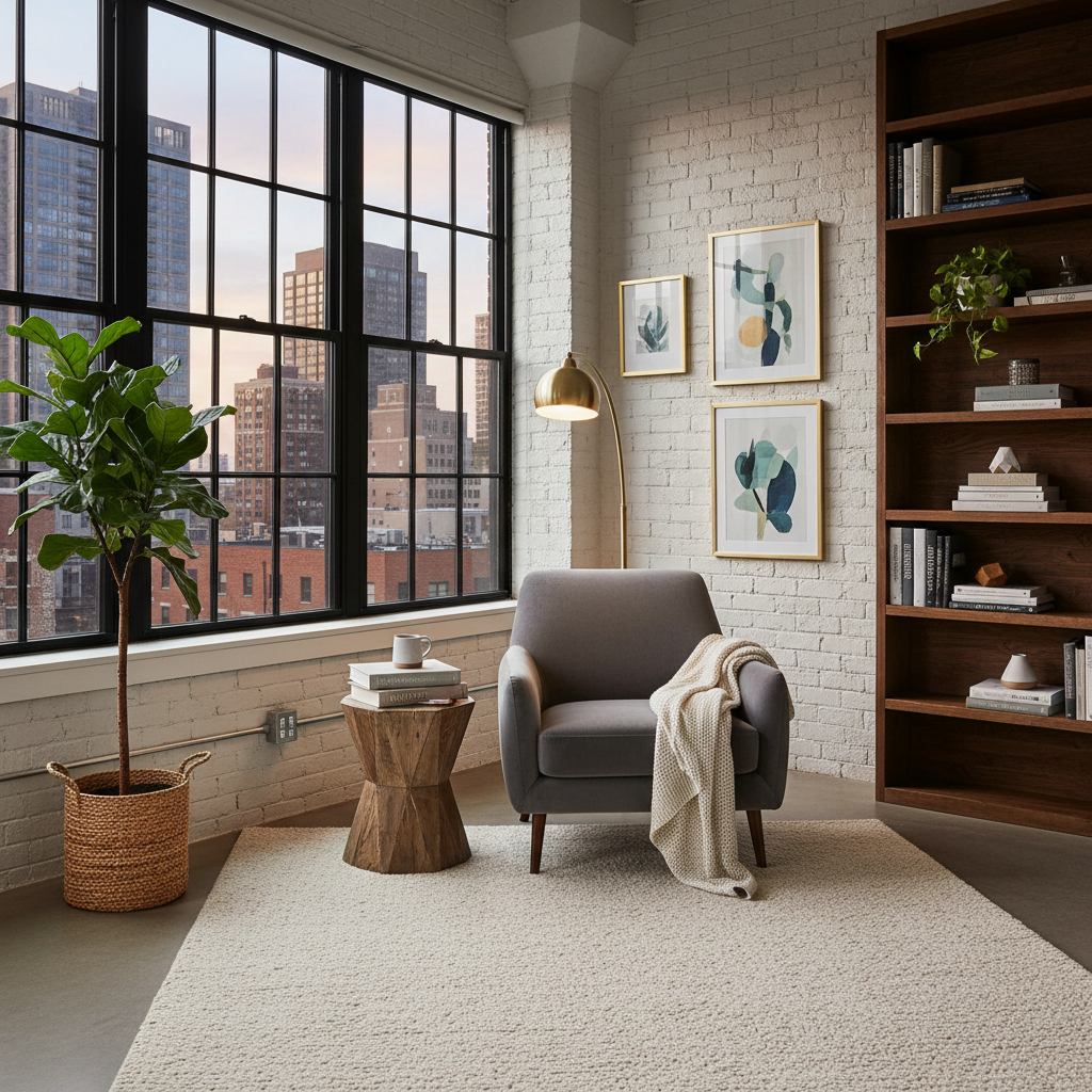 A modern urban loft with a stylish reading nook