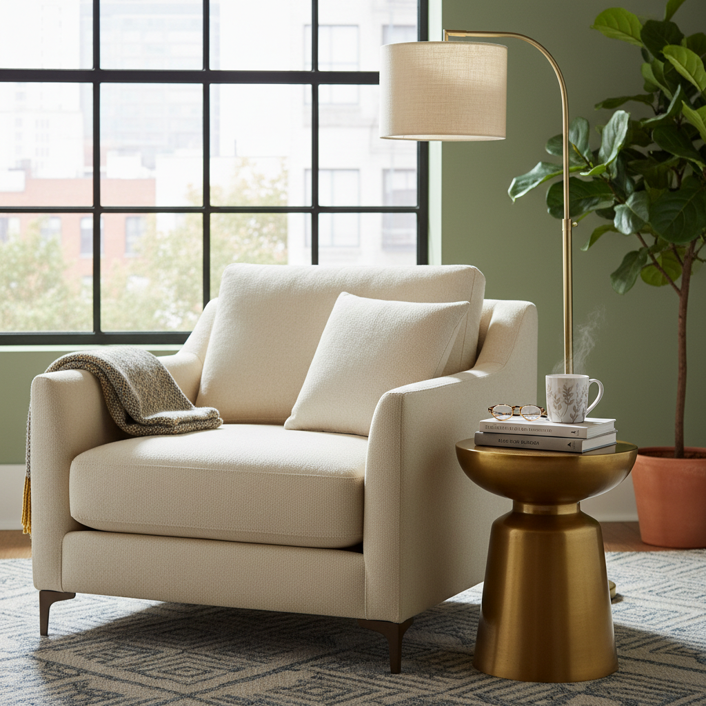 Cozy armchair and side table setup for an urban reading nook