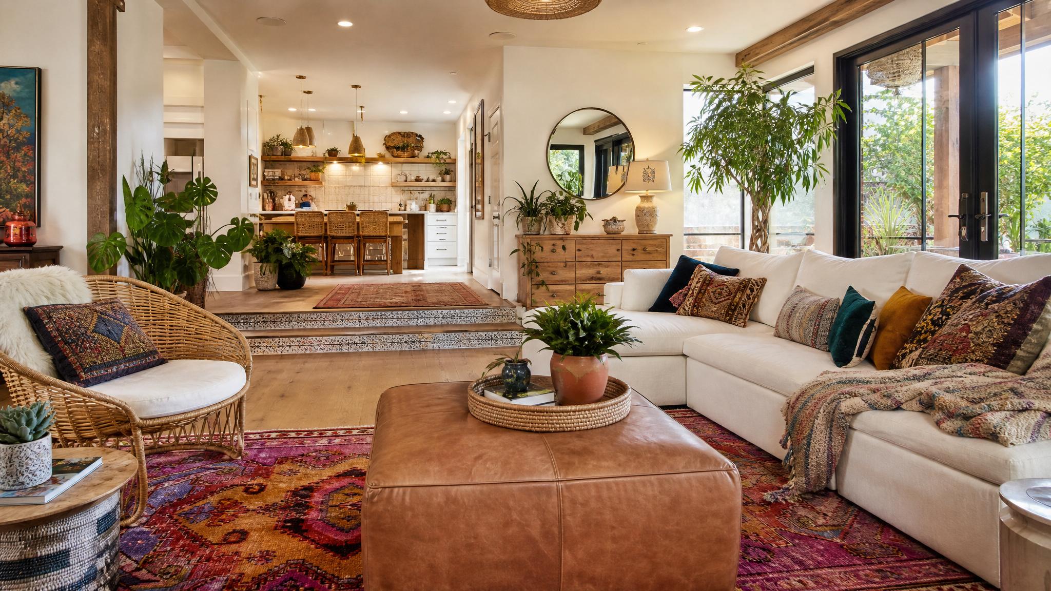 A bohemian open-plan living room showcasing layered textiles and vibrant decor.