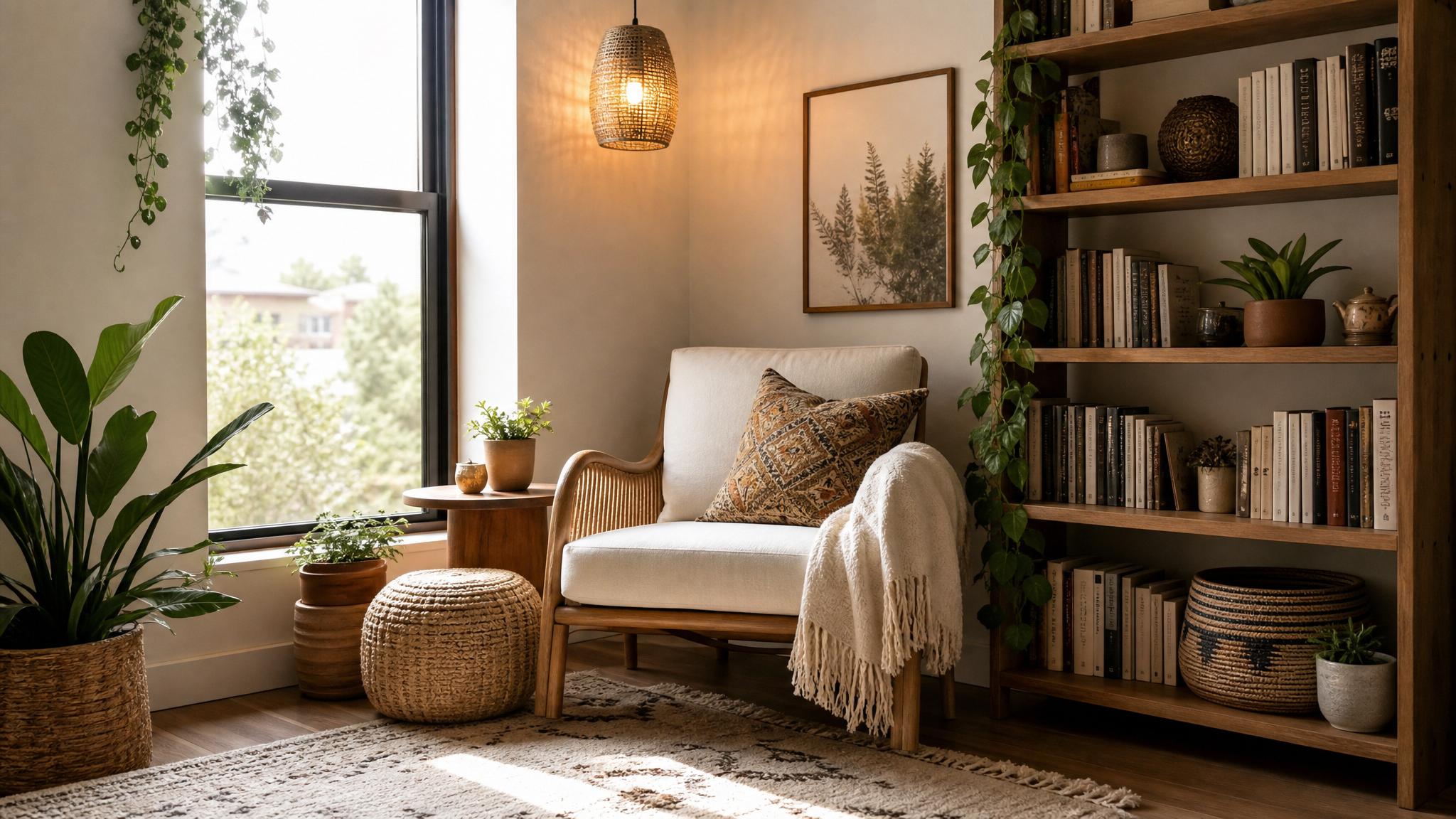 A cozy reading nook with soft lighting and bohemian decor.
