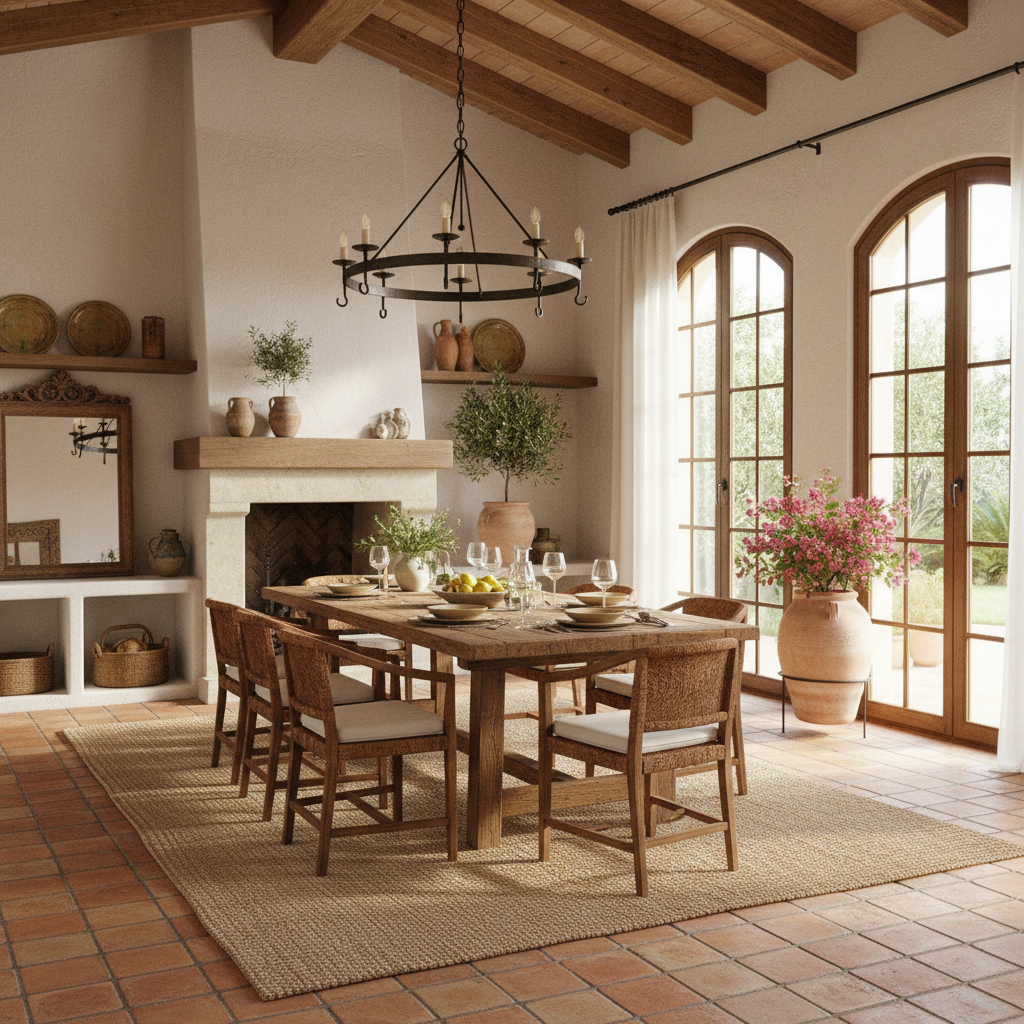 A beautifully designed Mediterranean dining room showcasing rustic wood, terracotta accents, and ample natural light.