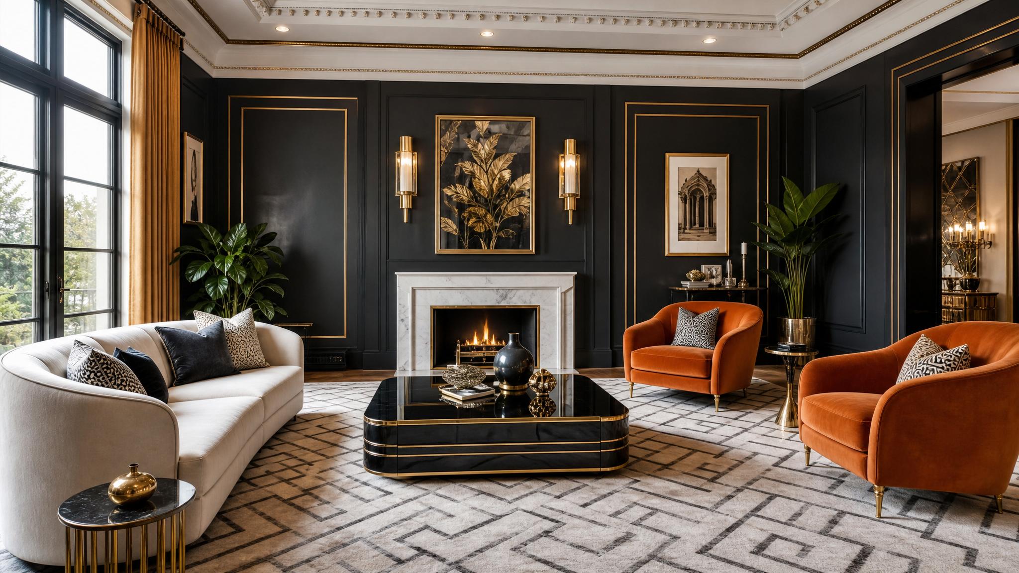 An elegant Art Deco living room with geometric patterns, vibrant colors, and luxurious furnishings.