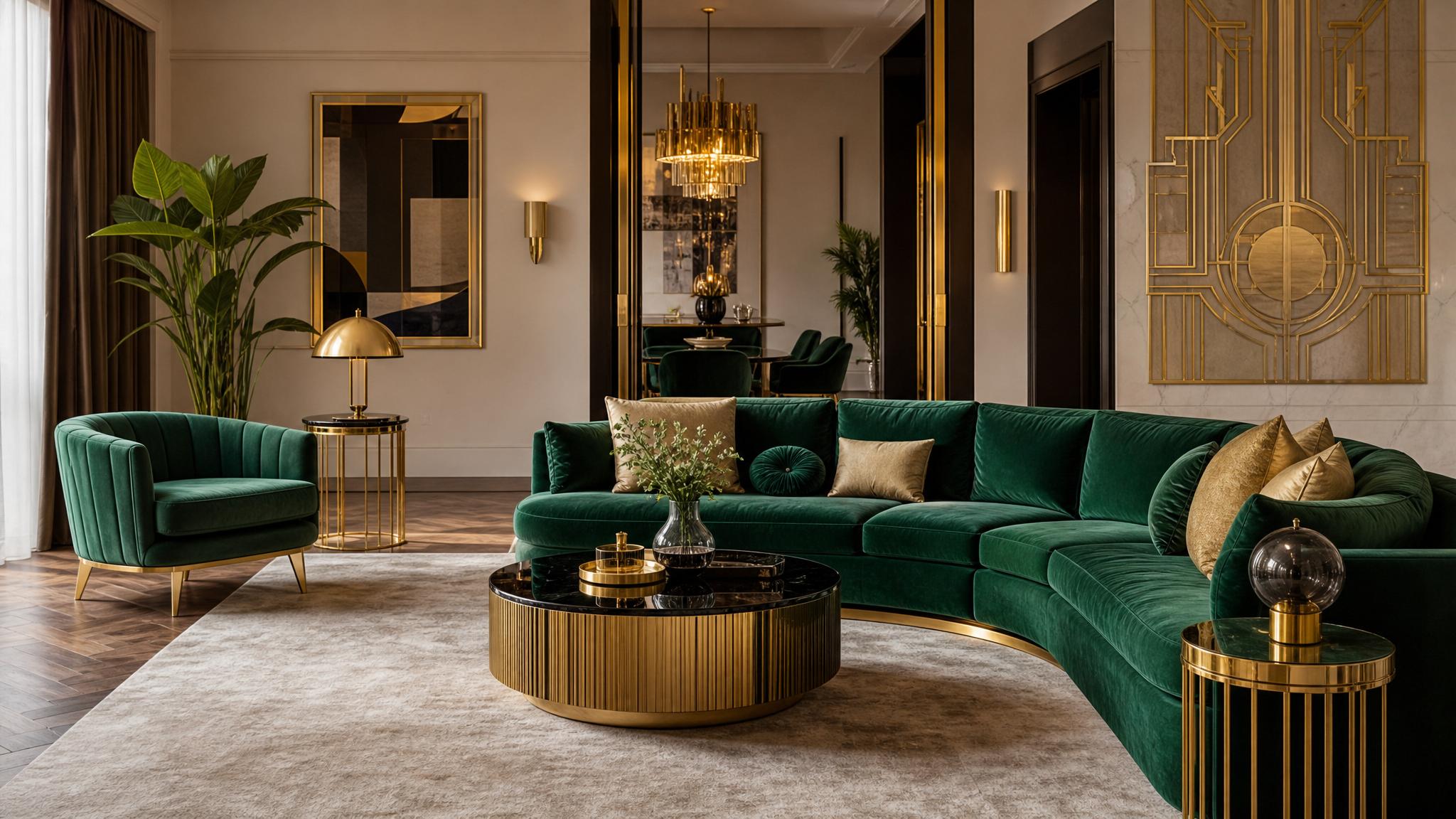 Color palette for an Art Deco living room with emerald green and gold.